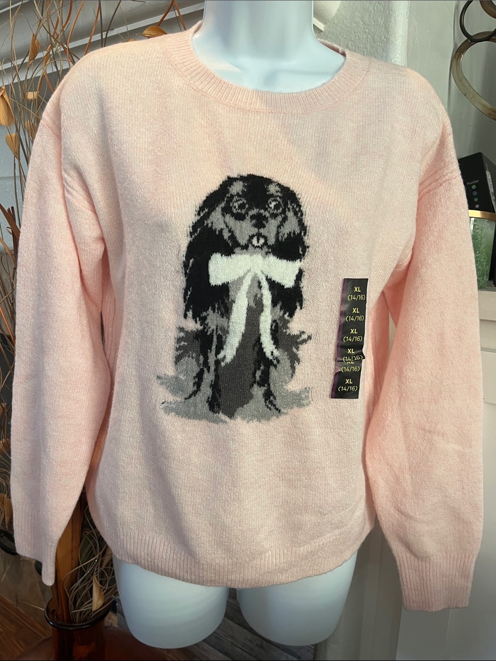 art class Light Pink Crewneck Sweater with Black & Gray Dog Graphic
